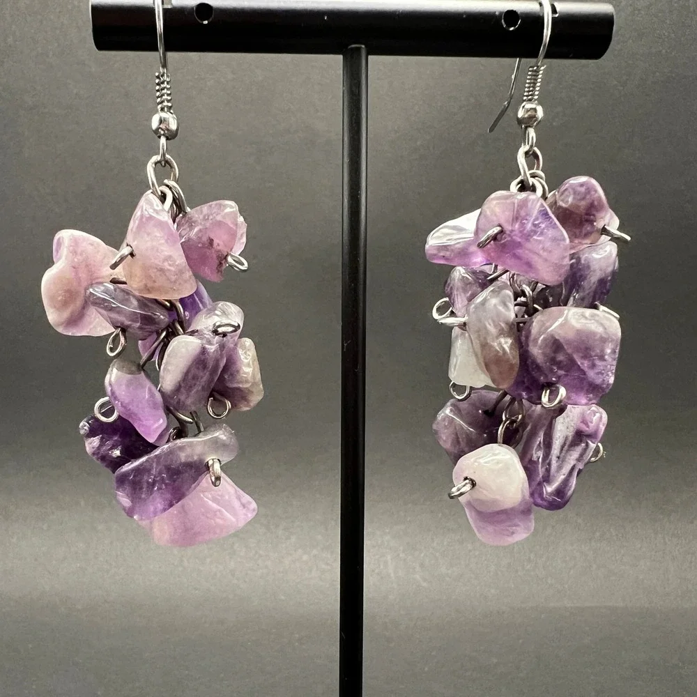 Amethyst Cluster Earrings Purple Crystal Gemstone Chip Boho Healing Witchy Fairy